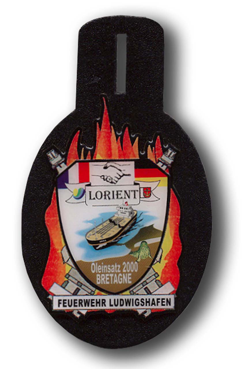 Verbandsabzeichen, Brustanhänger, Lederanhänger Öleinsatz 2000 der Feuerwehr Ludwigshafen