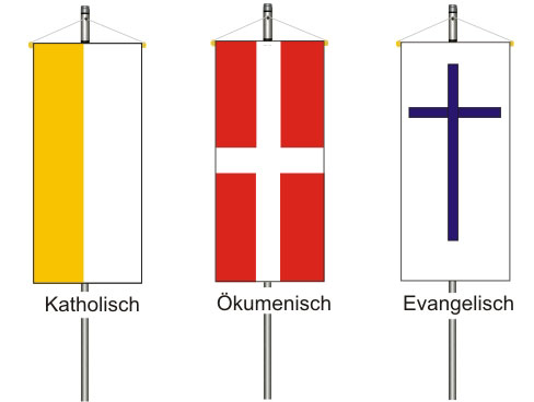 Katholische, ökomenische und evangelische Kirchenfahnen