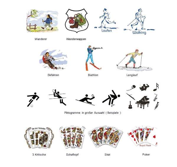 Dekorbild von Schnupfer, Eisstock, Dekorbild von Darts, Dekorbild von Gut Holz, Skifahren, Dekorbild von Fischemblem