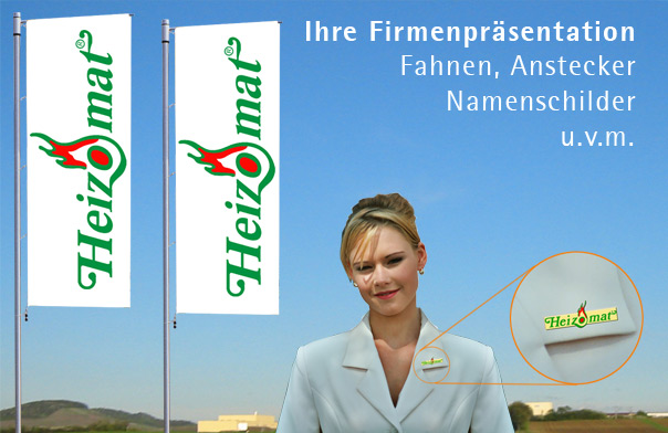 Firmenpräsentation, Fahnen, Anstecker, Namenschilder