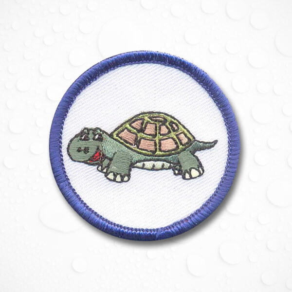 Schwimmabzeichen Schildkröte, gestickter Aufnäher mit blauem Kettelrand