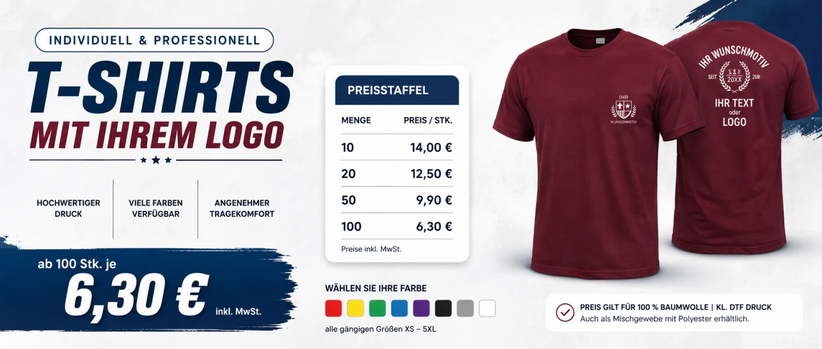 T-Shirts mit Ihrem Logo, ab 100 Stück je 6,30 Euro inkl. MwSt.