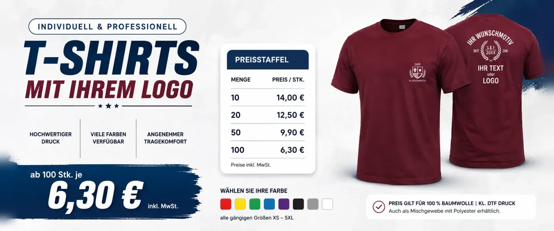 T-Shirts mit Ihrem Logo, ab 100 Stück je 6,30 Euro inkl. MwSt.